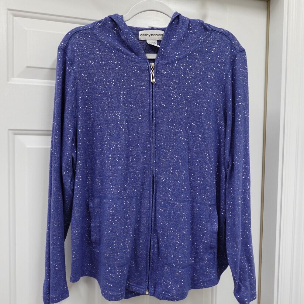 Cathy Daniels Jacket womens large zip up hoodie blue silver Spring Pilates Yoga